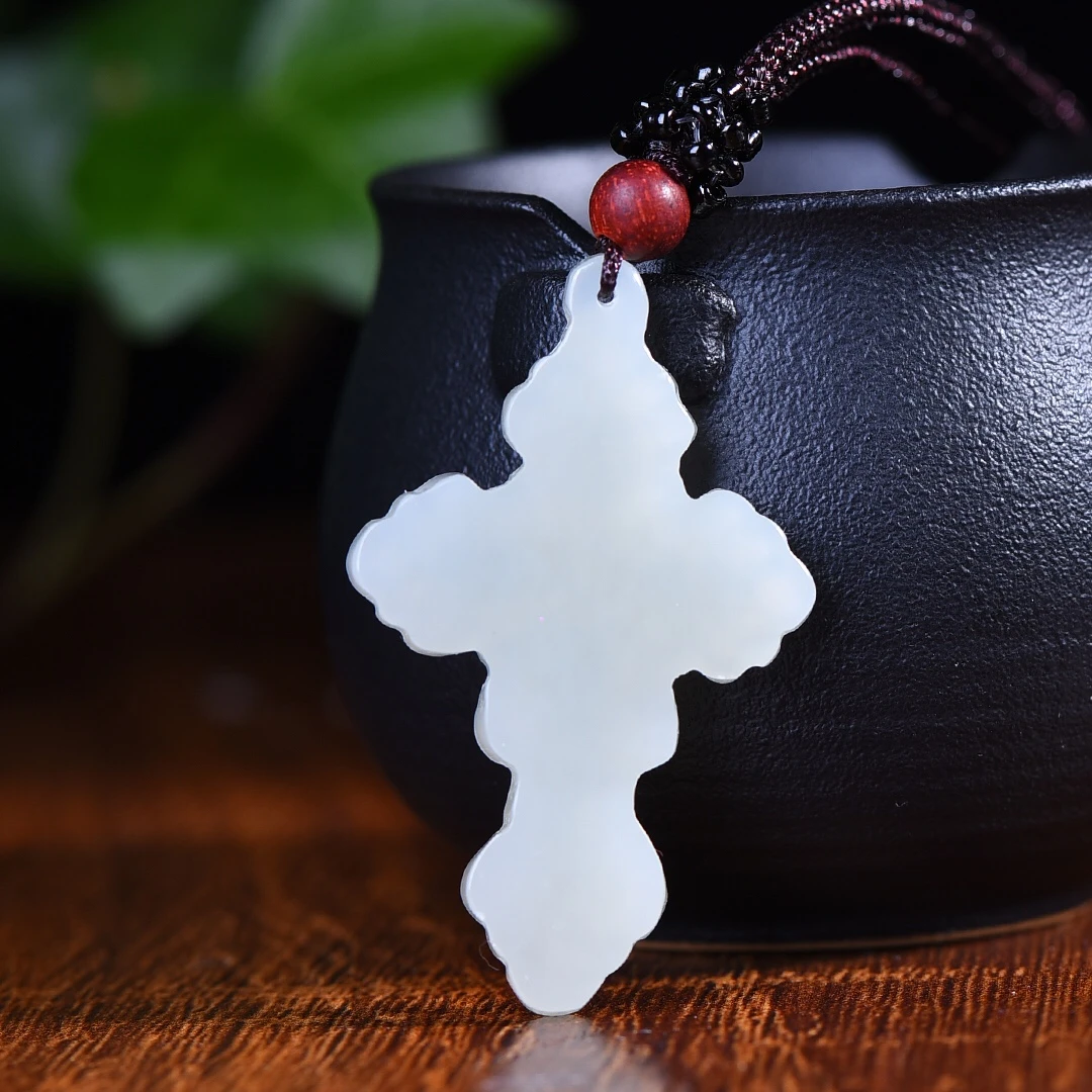 Genuine China Nephrite Stone White Jade Christ Cross Pendant Necklace Women Finejewelry Certified Hetian Jade Lucky Charm Amulet view 6