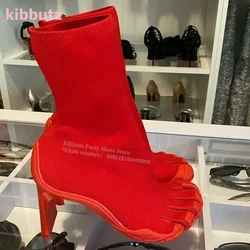 Five Fingers Ankle Boots Split Toe Square Heel Weave Solid Red Slip-On Novelty Fashion Runway Show Sexy Women Shoes 2023 Newest