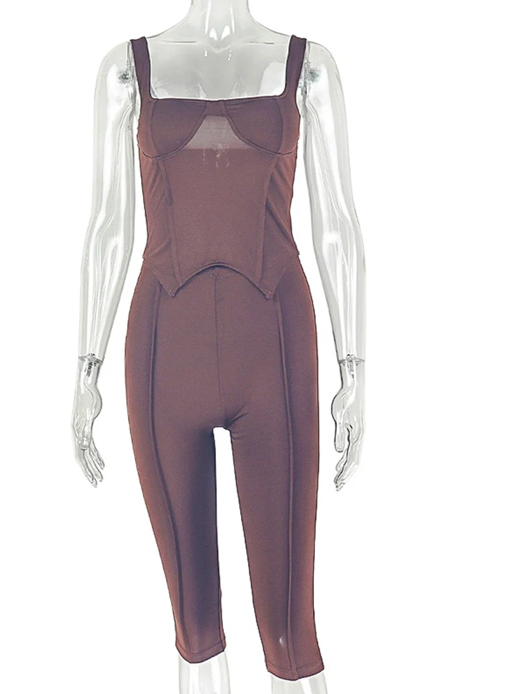 Beyprern Sexy Solid Brown Two Piece Set Women Slim Fit Sleeveless Corset Top Crop Top and Cropped Pants Set Casual Co-ord Sets - view 3