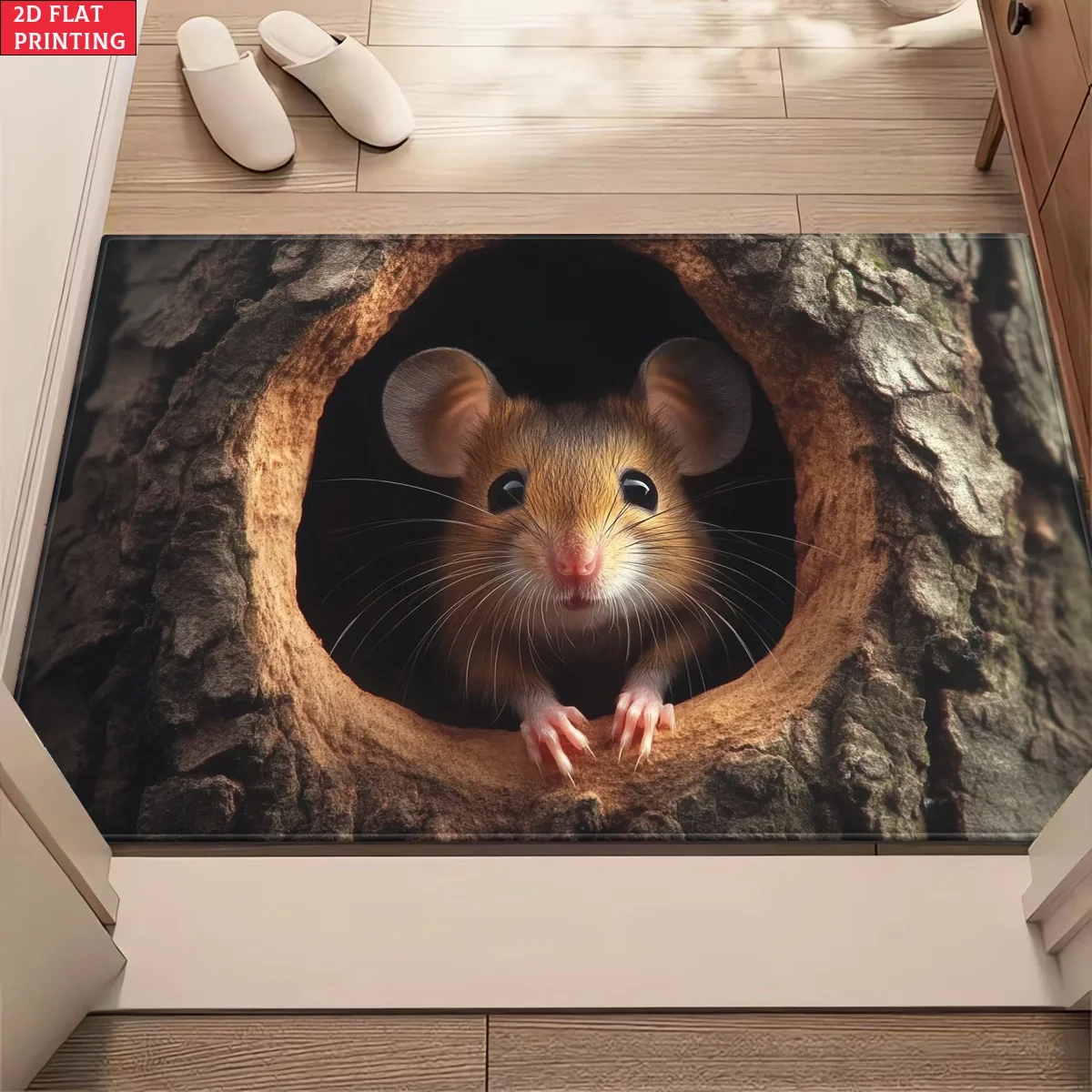 3D Visuelle Mausloch-Fußmatte, Niedliche Kleine Maus, die aus dem Baumstamm spähst, 2D Flachdruck Dekorativer Eingangsbereich-Teppich