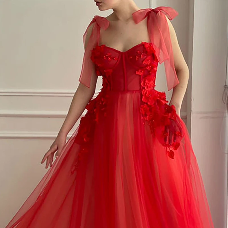 Sexy Puffy Tulle Red Vintage Fairy A Line Long Prom Dresses Tied Straps Wedding Evening Party Gown Dress with Lace Appliques