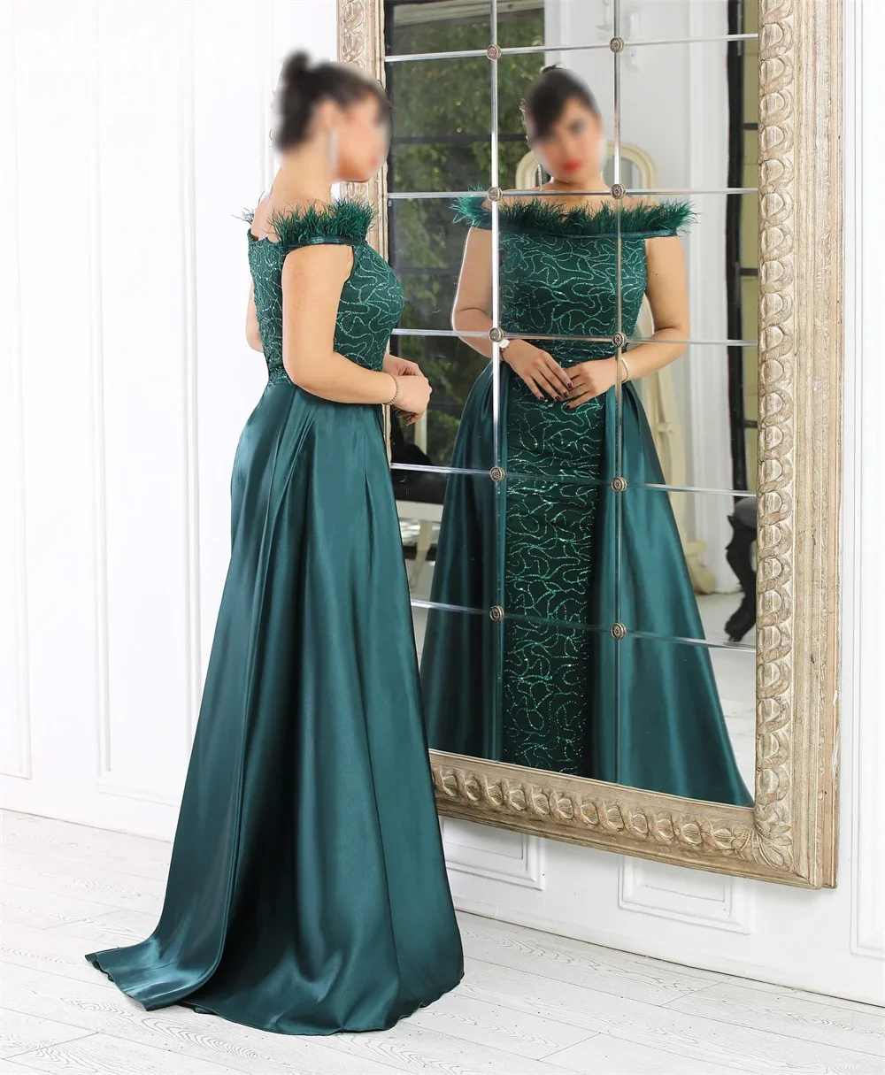 Customized Prom Gown Saudi Arabia Formal Dearin Off-the-shoulder Column Floor Length Skirts Beading Bead Embroidery Feather Besp