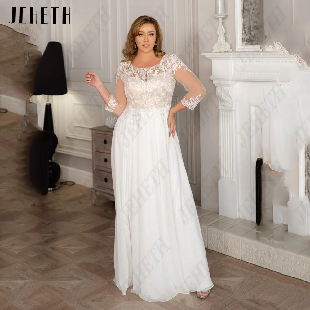 jeheth كلاسيك 3 / 4 كم فستان الزفاف Scoop Lace Appliqueفساتين زفاف كلاسيكية بأكمام 3/4 من JEHETH فساتين زفاف مزينة بالدانتيل ومزينة بالدانتيل مقاس كبير من الشيفون على شكل حرف a وأربطة من vestidos de novia