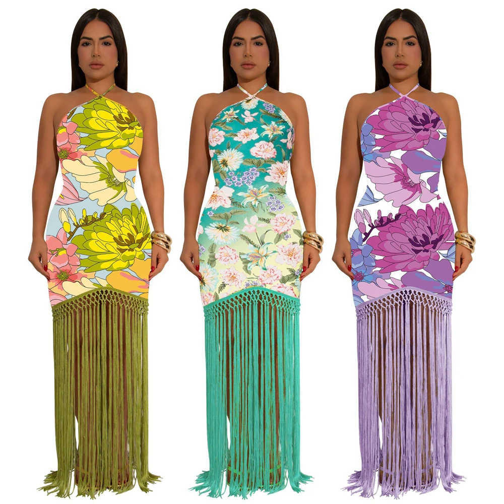 Abito da donna sexy con frange stampate senza maniche con scollo all'americana 2025 Abiti lunghi maxi da sera per feste estive in spiaggia e compleanno