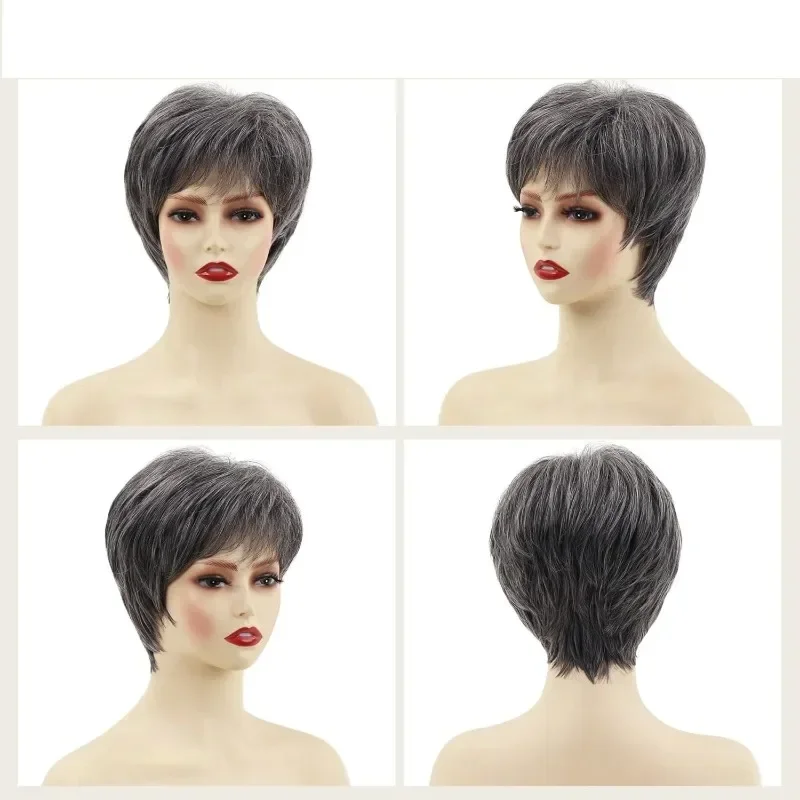 Fotografia 6: Nova Peruca de Cabelo Humano 100% com Corte Pixie, 4 Polegadas, 150% de Densidade, Totalmente Feita à Máquina, Cinza Claro Natural, Curta