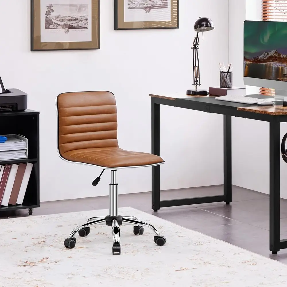 Retro Brown Arm Vanity Desk Chair with Wheels, Ribbed Peat | Cushioned faux leather low-back seat tucks under desks, adjusts 18.