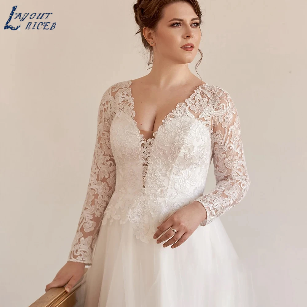 LAYOUT NICEB Romântico Plus Size Vestidos De Casamento Em V-Neck 2024 Lace Apliques Vestidos De Noiva Clássicos A Linha Robe De Mariée Custom