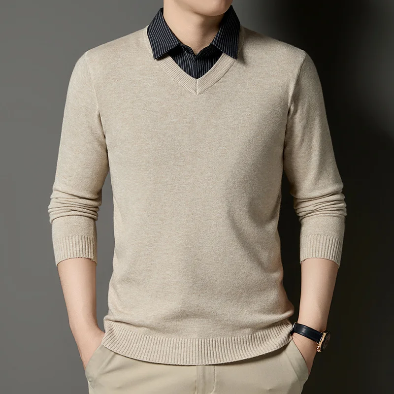 

New Fall and Winter Fake Two-piece Shirt Collar Knitted Sweater for Men Stripes, Fashionable Warm Skin-friendly Base Sweater