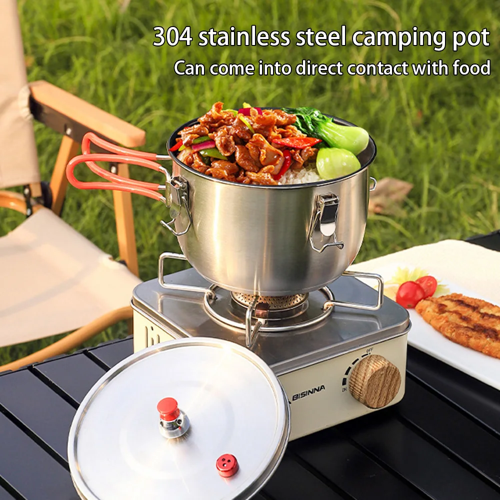 

304 stainless steel camping pot, including pot body x1+lid x1+steamer x1+bag x1, with foldable handle and insulation cover