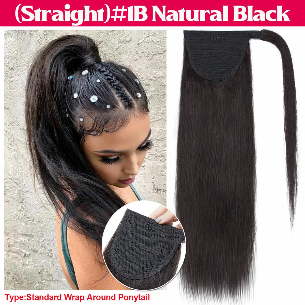 Straight Ponytail  Machine Made Magic Wrap Around Clip In Ponytail Black Remy Brazilian Human Hair Extension 10 To 32 Inches