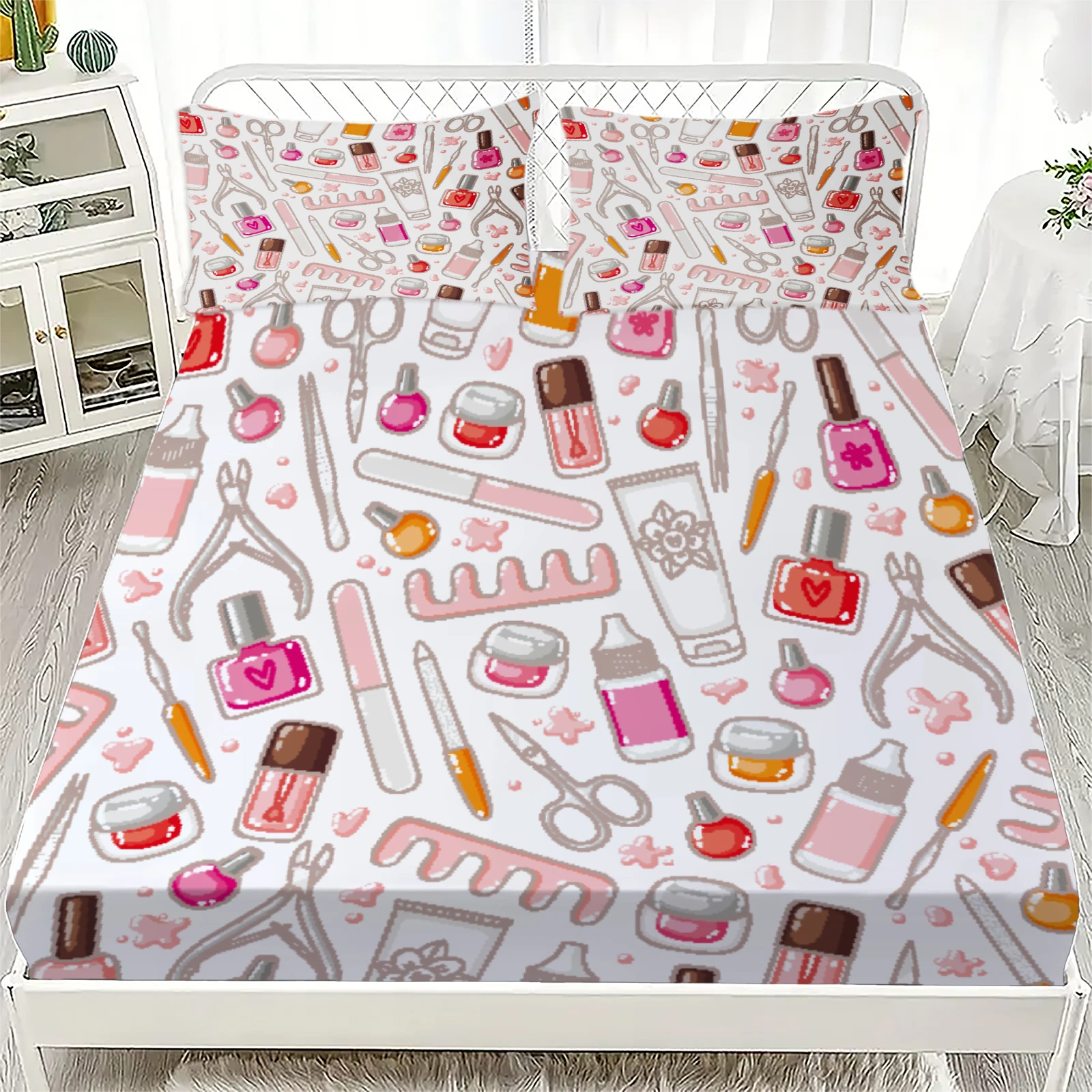 3pcs White Fitted Sheet Sets 100% Polyester For Girls Decor Nail Polish Tools And Hearts Printed  Flat Sheet With 2Pillowcases