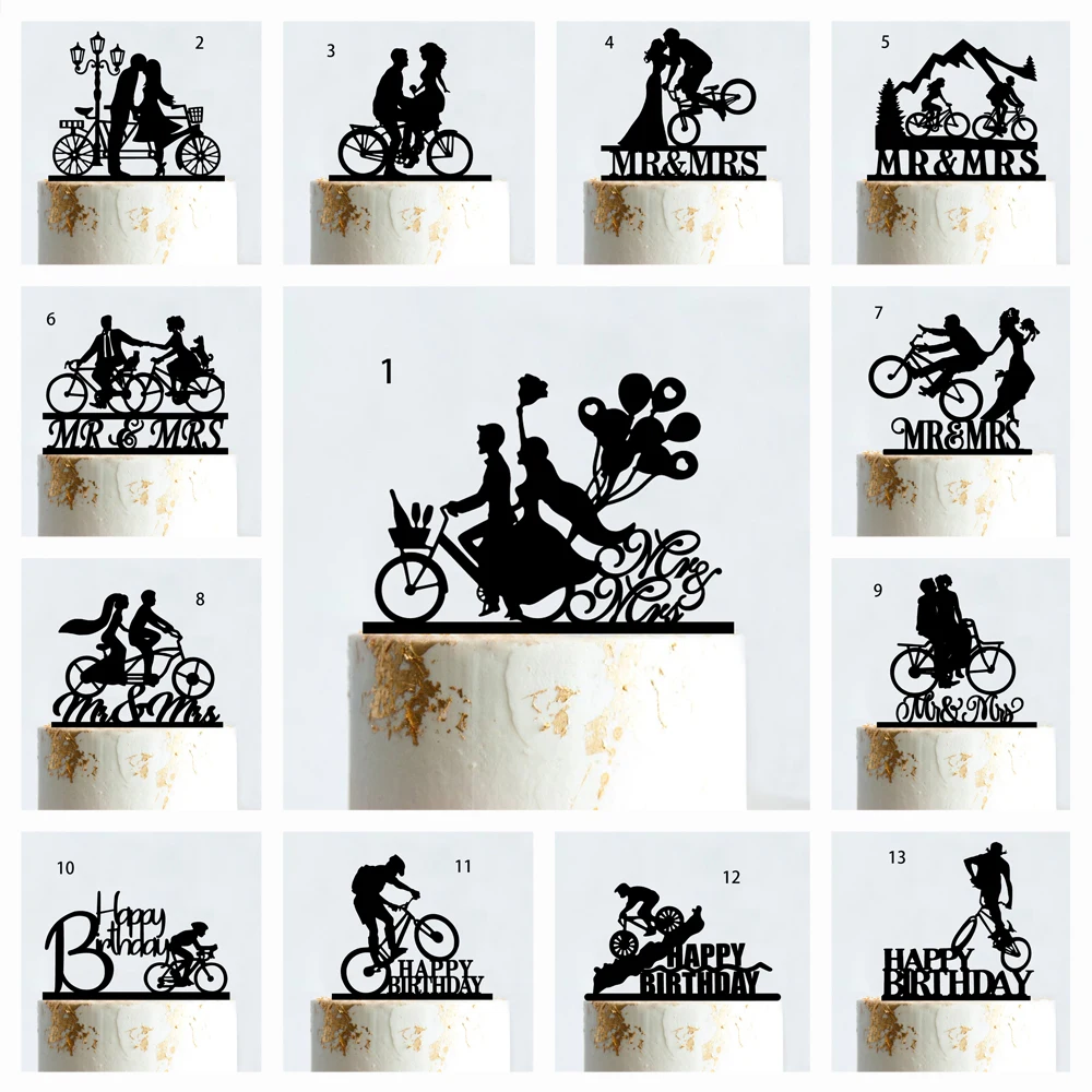 Bicycle Style Cake Topper Black Acrylic Funny Wedding Mr And Mrs Silhouettes Road Bike Cycler\'s Cyclist Birthday Cake Supplies