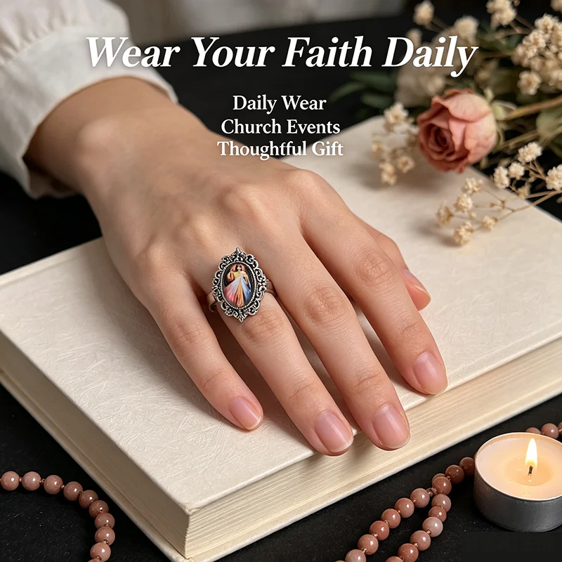 2Pcs Vintage Ornate Divine Mercy Image Religious Statement Ring Adjustable Open Band Catholic Faith Prayer Jewelry Gift for Men