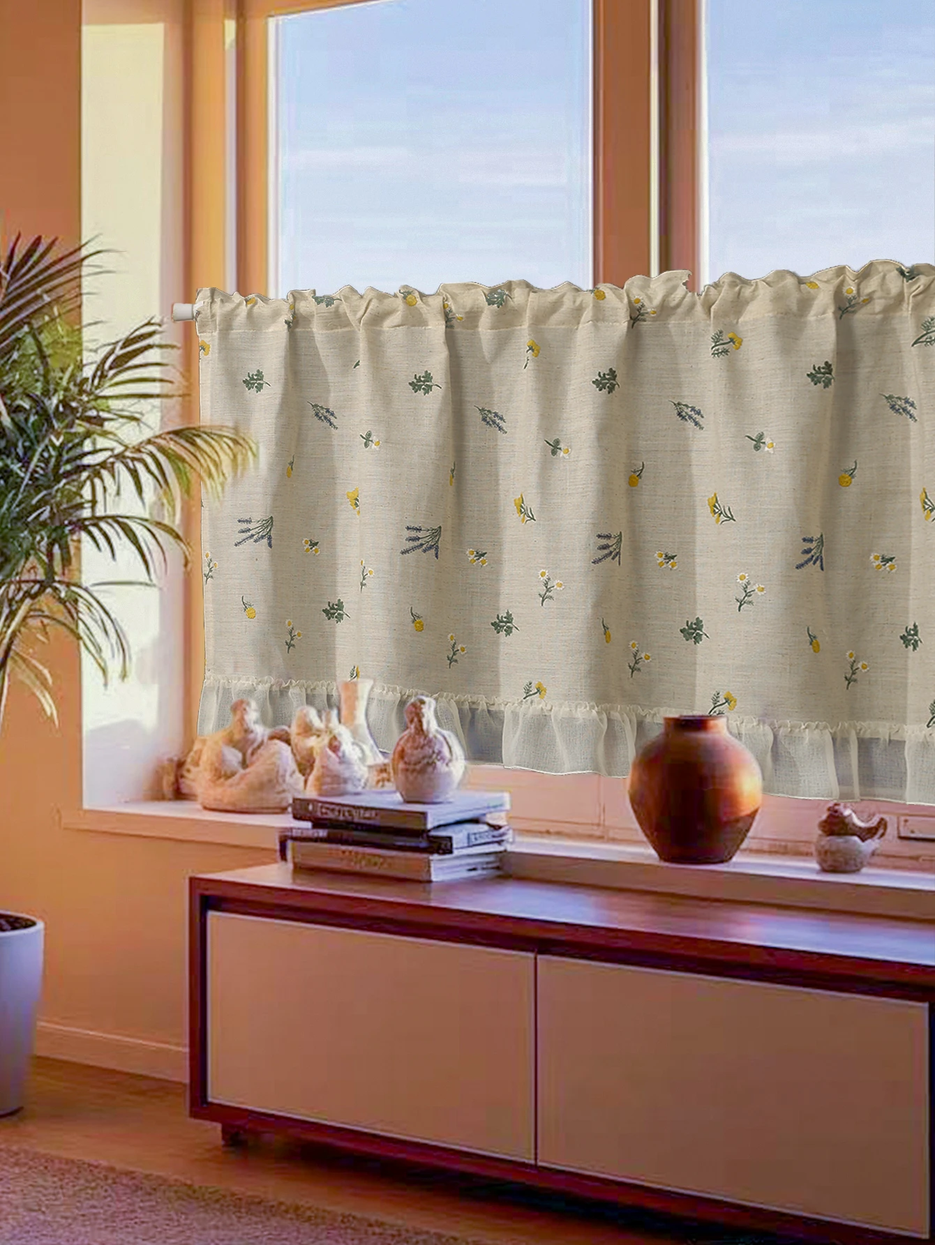 Leinen-Stickerei-Vorhang, kleiner frischer Vorhang, rustikaler Wind-Drift-Fenstervorhang, Senior Sense, kurzer Vorhang