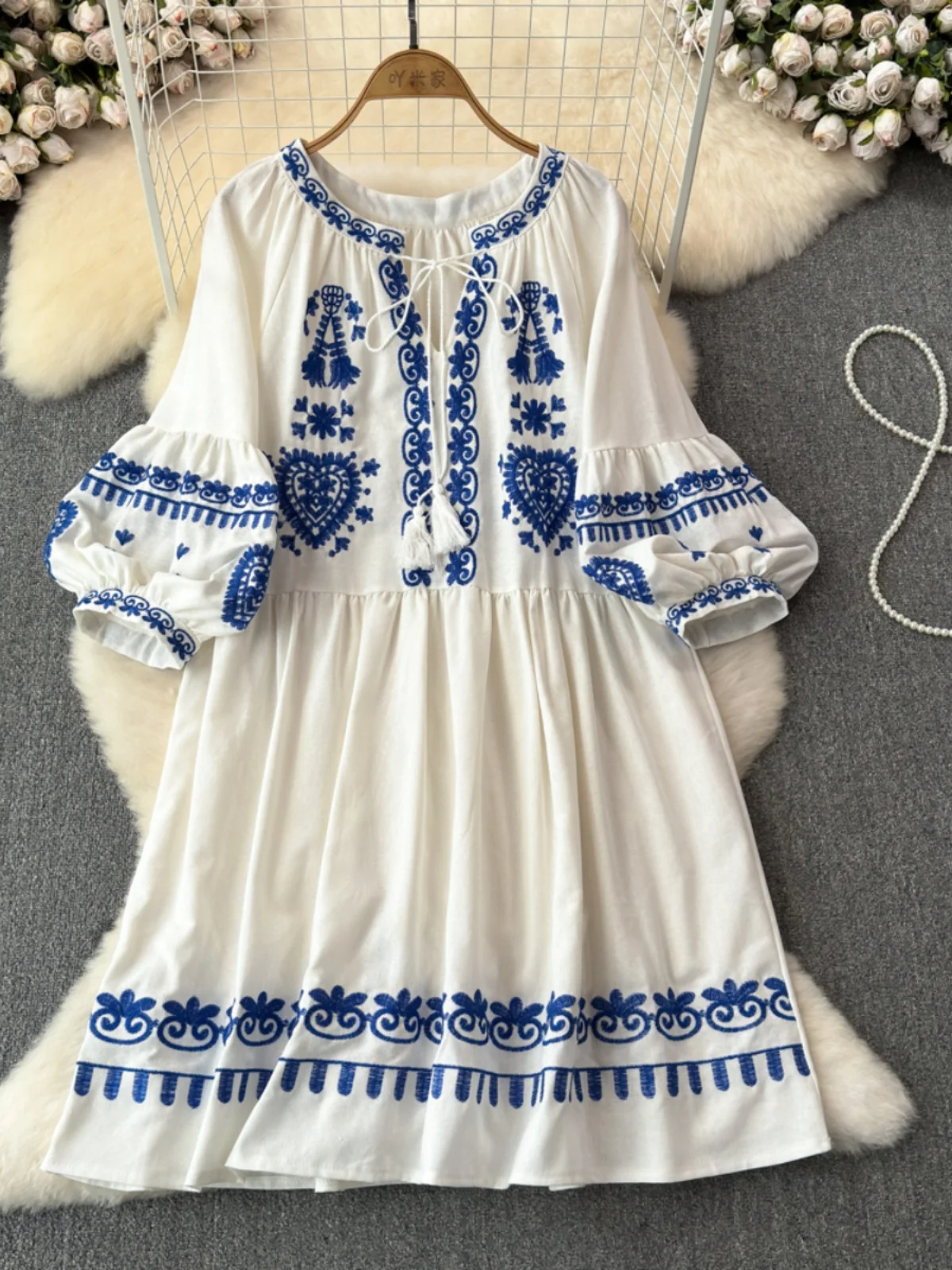 여성 루즈핏 오버사이즈 드레스 코튼 린넨 에스닉 스타일 V넥 자수 프린지 휴가 비치 보헤미안