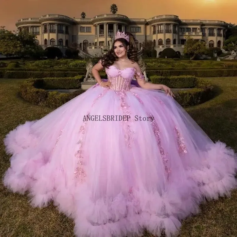 ANGELSBRIDEP Pink Quinceanera Dresses Ball Gown Applique Lace Beads Tull Tiered Sweet 16 Dress Vestidos De 15 Anos Customized