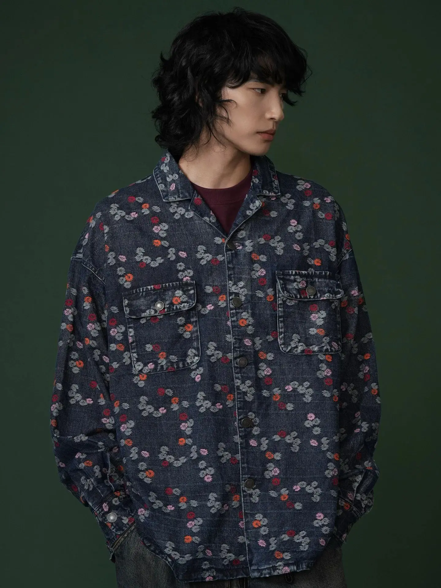 Men's American-Style Retro Floral Embroidered Denim Shirt Long-Sleeved High-End Artistic Blazer New Style