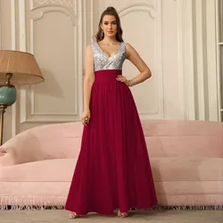 Sparkly Silver Sequins Chiffon Evening Dresses Burgundy A Line Pleat Backless Draped Formal Party Prom Gowns For Bride Vestidos