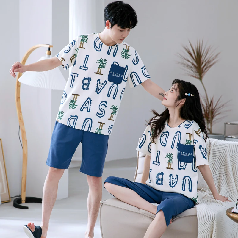 Newest Summer Pajamas Set Lovers 100%Cotton Couple Pajama Sets Cute Cartoon Women Men Sleepwear Home Clothes