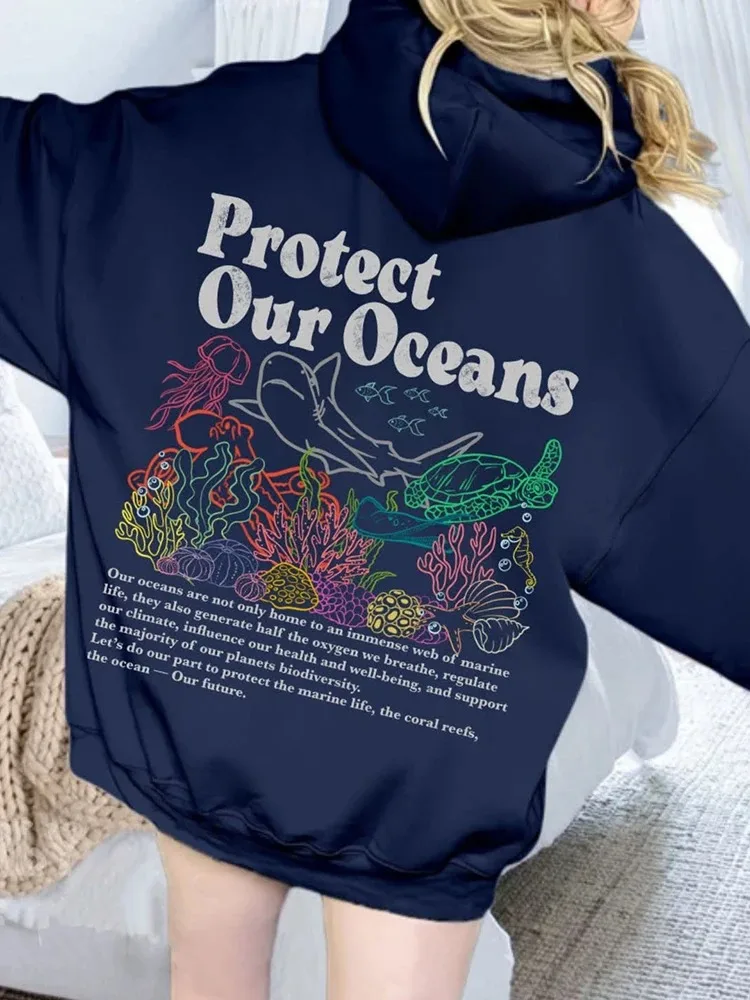 Autumn Winter Protect Our Oceans Respect The Local Print Women Hoodie Long Sleeves Trend Pocket Casual Female Cotton Top Clothes