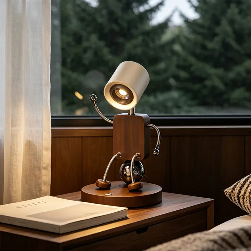Creative Solid Wood Robot Bedroom Bedside Lamp Living Room Decor Light Fixture Q Version Machine Modeling Led Illumination CE