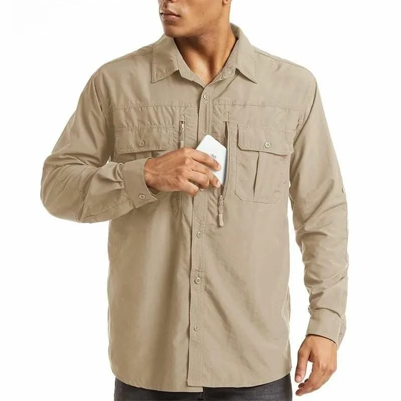 速乾性 メンズ レディース シャツ トップス ポケット付き ハイキング アウトドア ウォーキング 通気性 日焼け防止 長袖 ジッパー開閉 コットン混紡