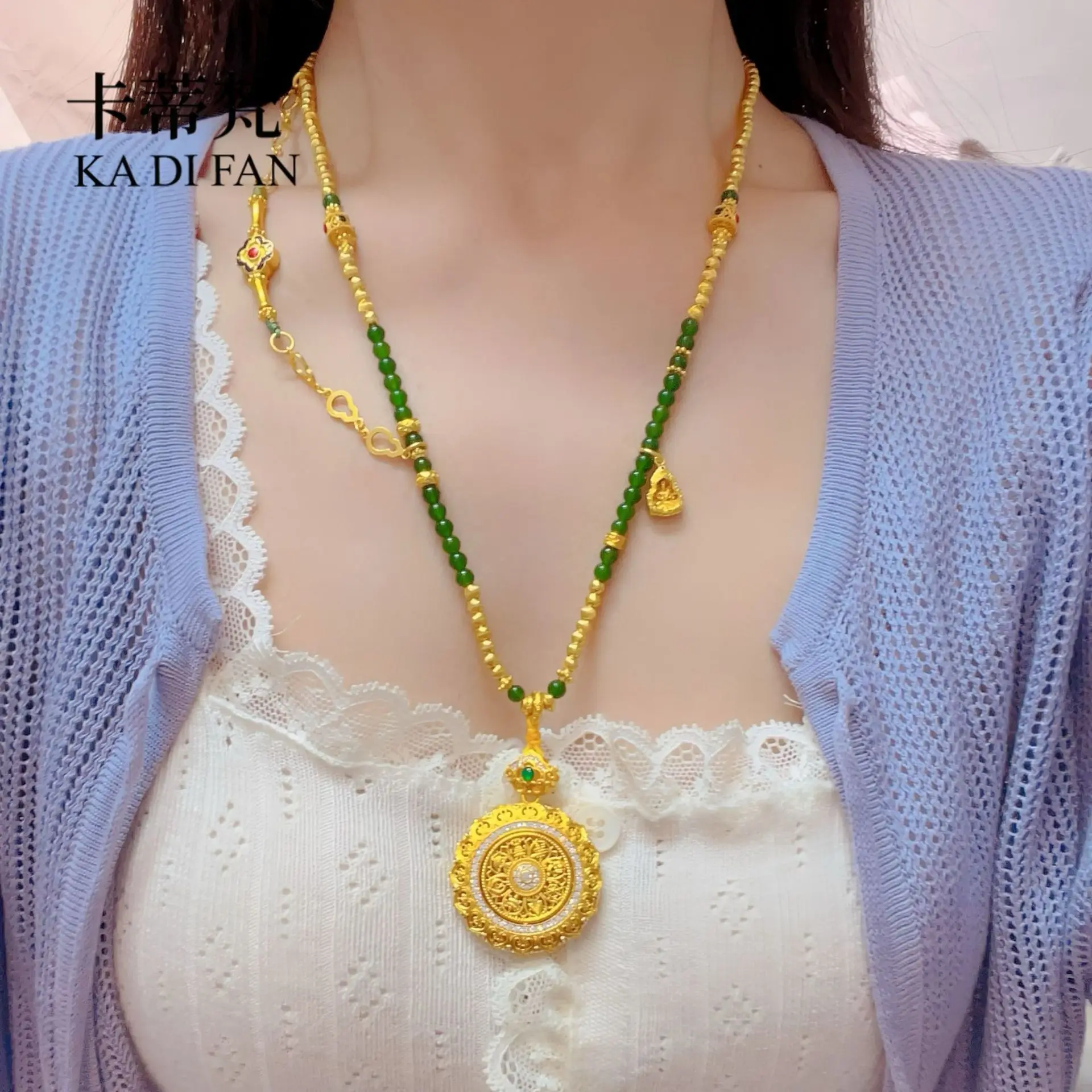 New Chinese Style Gold-Tone Spinner Eight Treasures Compass Pendant Phoenix Bead Cat Eye Bead Green Long Necklace Sweater Chain