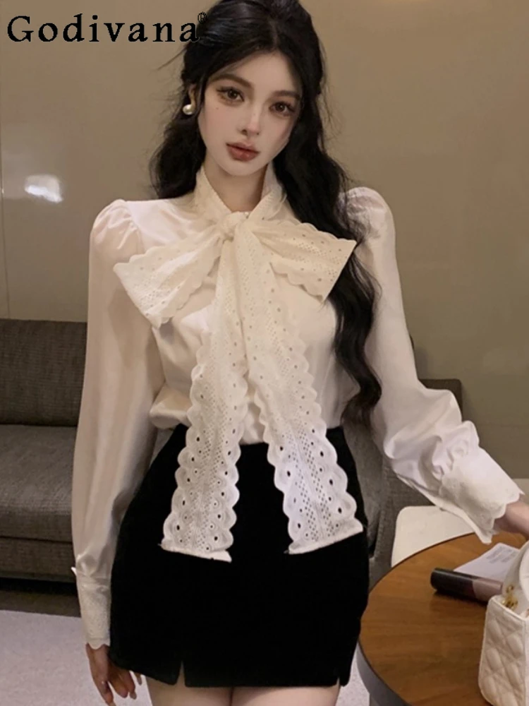 

Белая рубашка в стиле Лолиты с длинными рукавами и милым бантом, женская осенне-зимняя французская свободная и шикарная модная универсальная рубашка, уменьшающая возраст