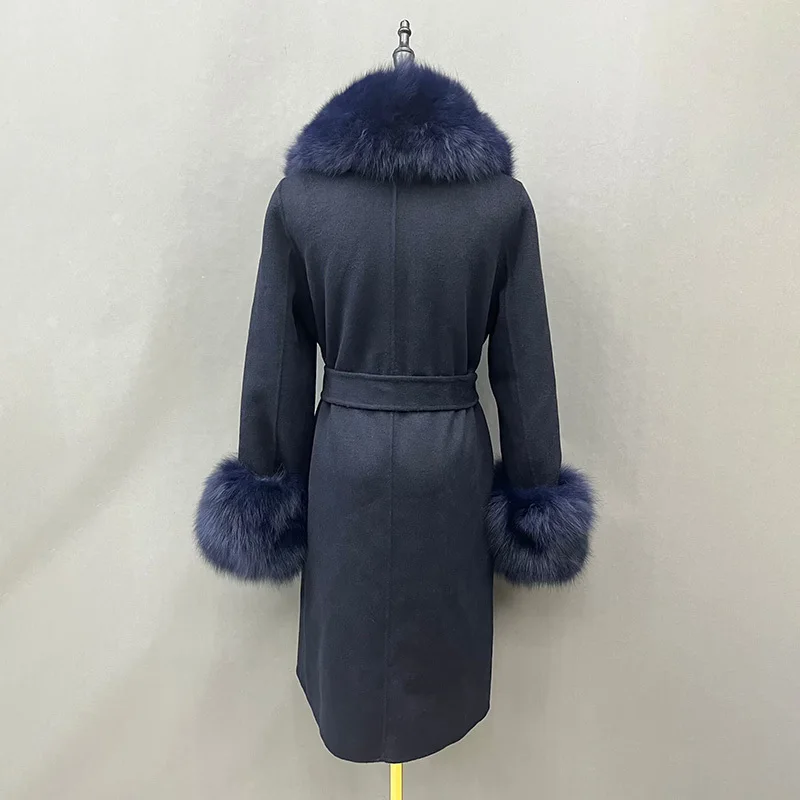 2024 New Arrival Lady Winter Wool Coats Luxury Fox Fur Collar Cuff Trench Coat Women's Long Outerwear