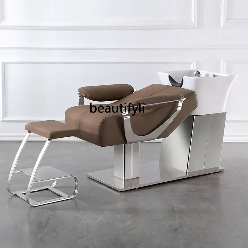 Barber Shop Shampoo Chair Lying Half Ceramic Basin Thai Head Massage Treatment Bed Stainless Steel