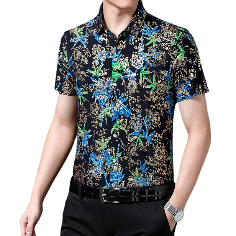 Hawaiian Style Casual 80% Silk Shirts Men'S Short Sleeve Both Sides Chinese Nation Flower 2023 Beach Summer Clothes