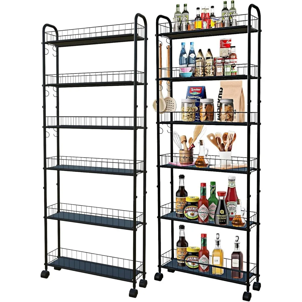 6 Tier 6in Slim Rolling Storage Cart, Mobile Shelving Unit with Wheels, Metal Wire Storages Shelving Rack Storage Cart