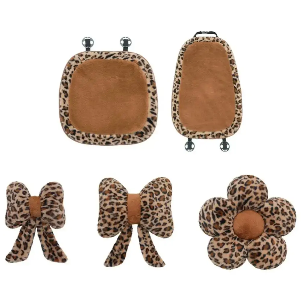Bow Leopard Print Car Headrest Comfortable Flower Car Seat Decoration Breathable Black Plush Seat Cushion Cushion Back