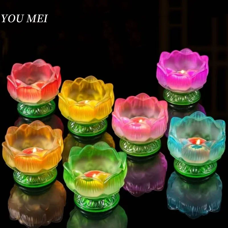 Buddhism Candle Oil Lamp Holder,Flower Shape Liuli Candlestick ,Altars Ghee Candle Cup,Tibetan Buddhist Items Desktop Decoration