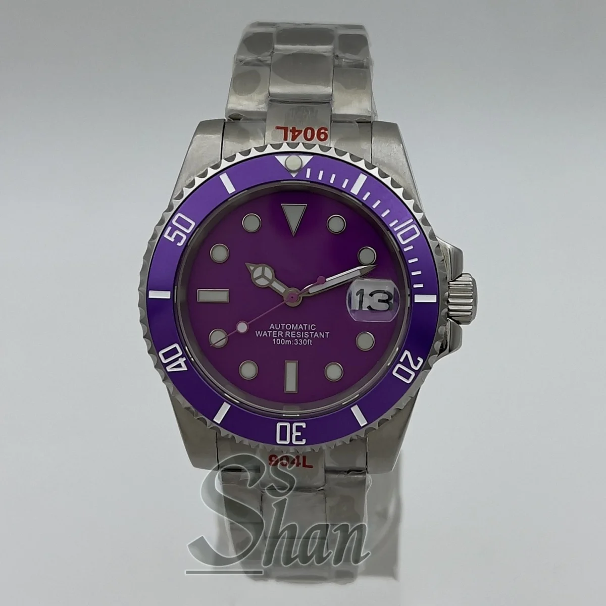 40mm Men's Diving Watch with NH35 Movement, Stainless Steel Strap, Sapphire Glass, Unidirectional Rotating Bezel, Purple Dial