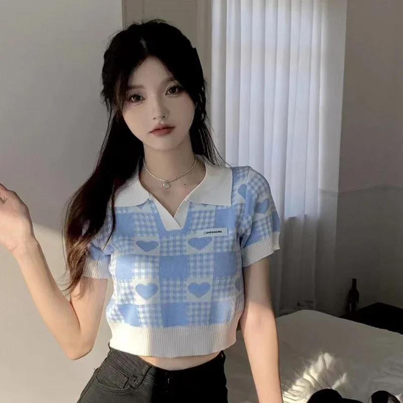 Korean T-shirt Knitted Slim Sweet Turn-down Collar Plaid Love Graphic Preppy Style Pullover Summer Women Tops