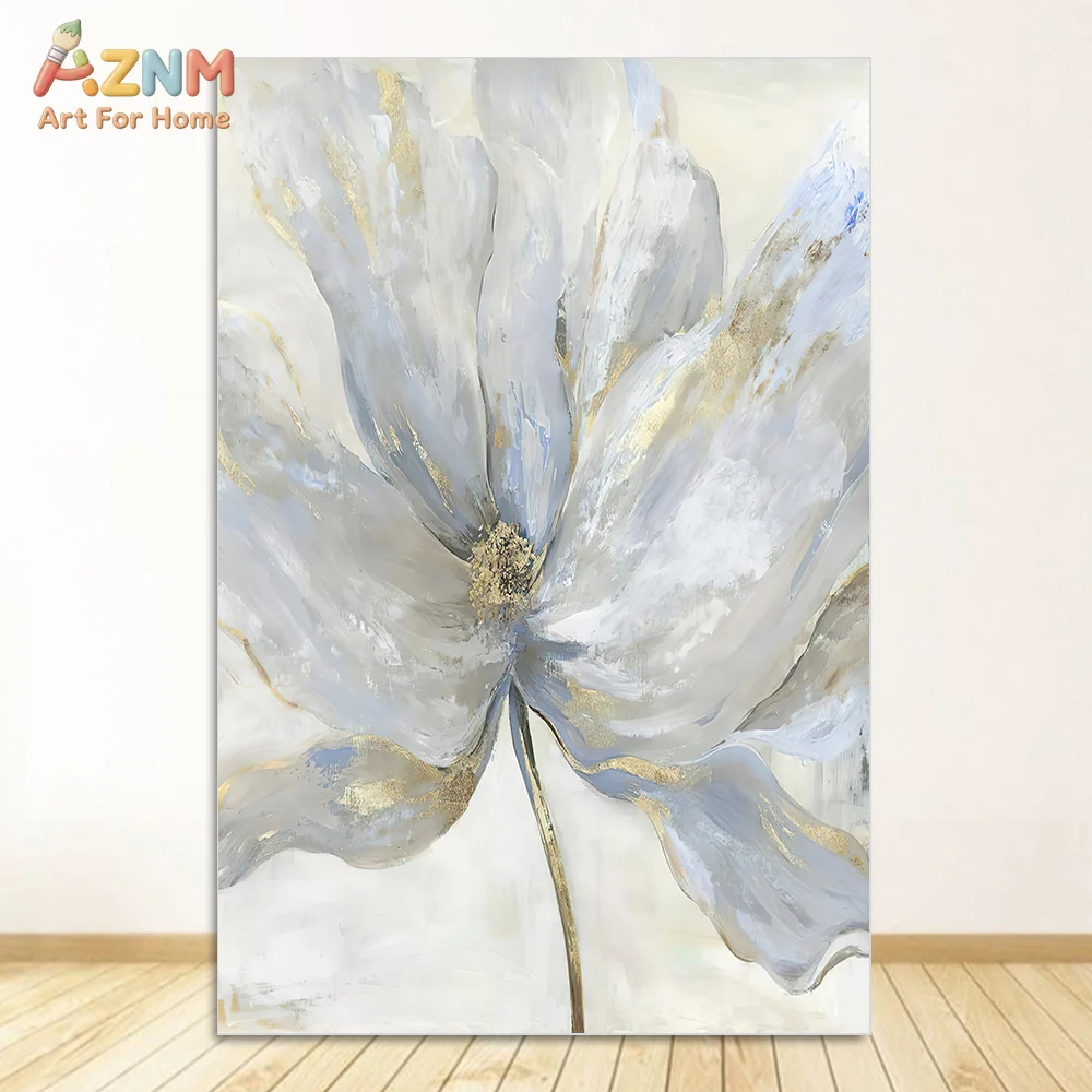 AZNM Light Blue Feather Flower Gold Foil Textured Unframed Canvas Wall Art Modern Elegant Living Room Home Decor Painting