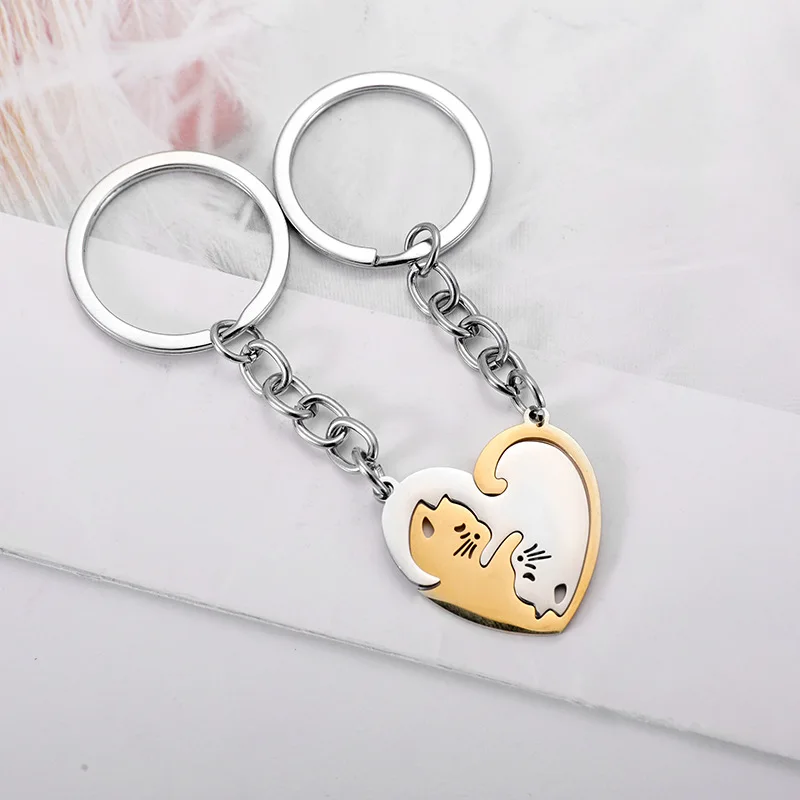 2pcs Black Cat Heart Shaped White Stainless Steel Love Combine Keychains Couples Anti Loss Keyrings Bag Pendant Accessories Gift