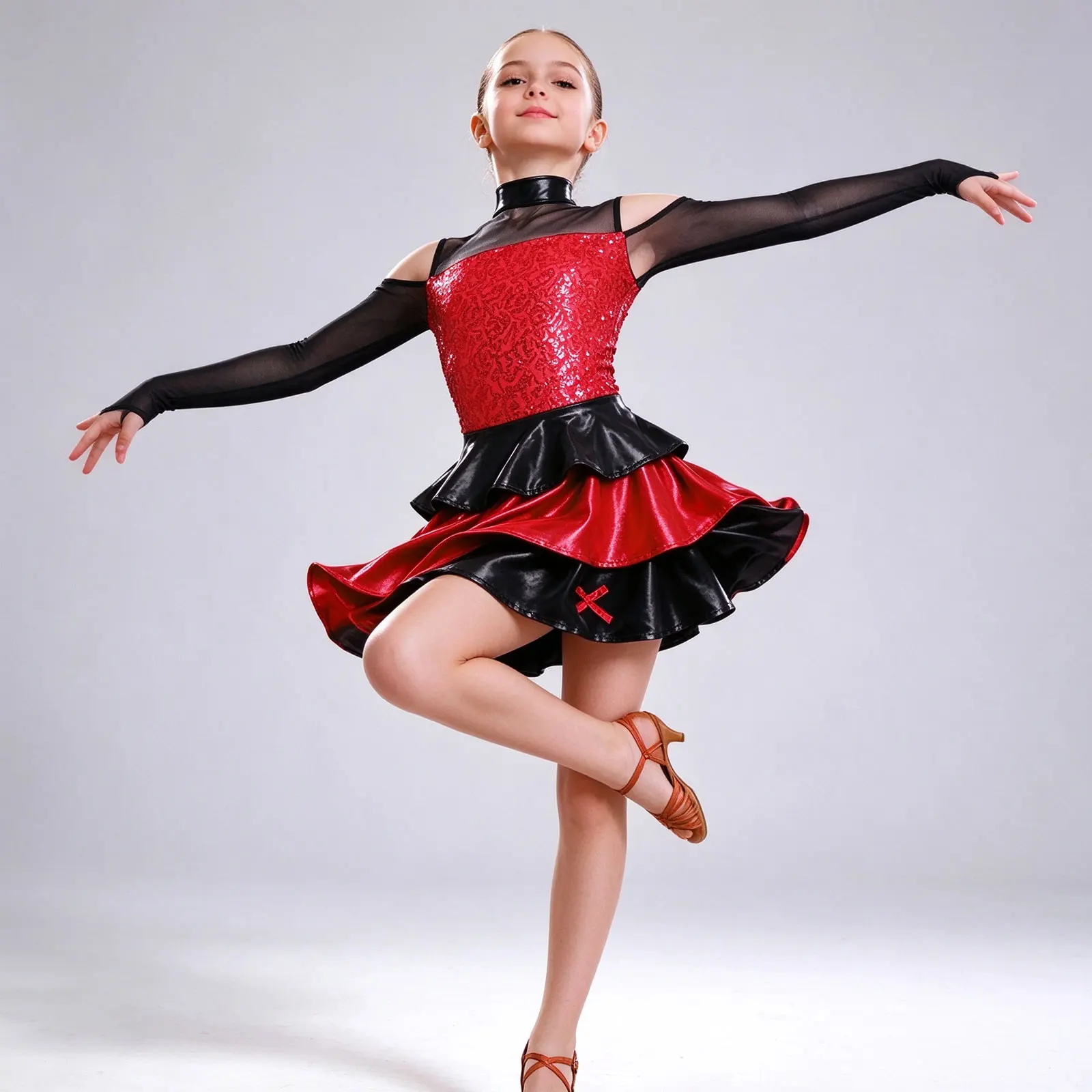 Kids Girls Jazz Dance Costume Long Sleeve Cold Shoulder Sequins Tiered Ruffled Dress Modern Latin Hip Hop Performance Dancewear