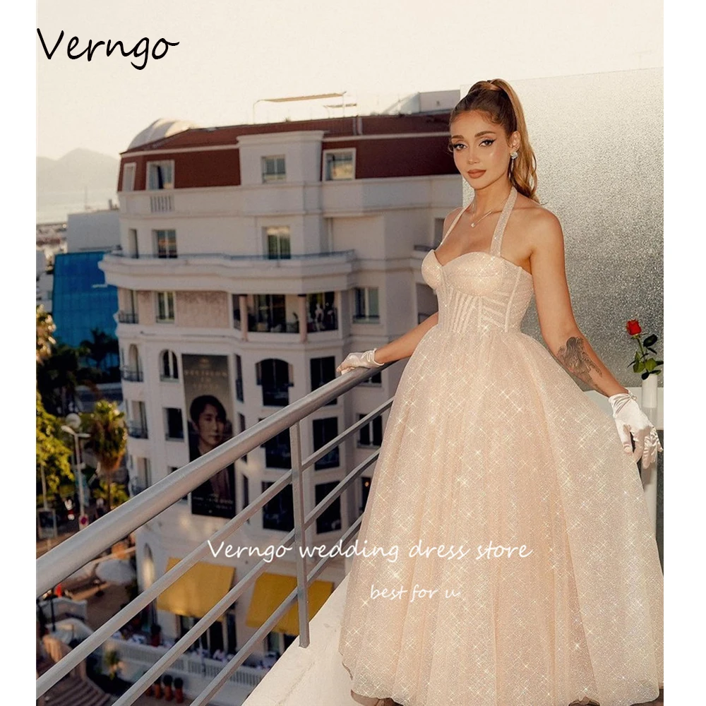 

Verngo Sparkly Blush Tulle Prom Dresses Halter Corset Boning Ankle Length Princess Evening Gowns Glitter Party Bride Dress