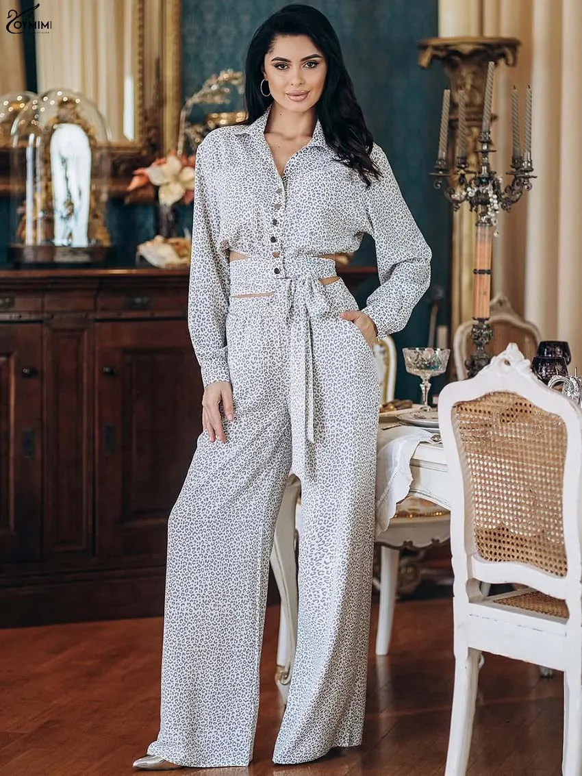 

Oymimi Elegant Grey Print Woman 2 Piece Set Outfit Fashion Long Sleeve Single Breasted Lace-Up Shirts And Pockets Trousers Stes