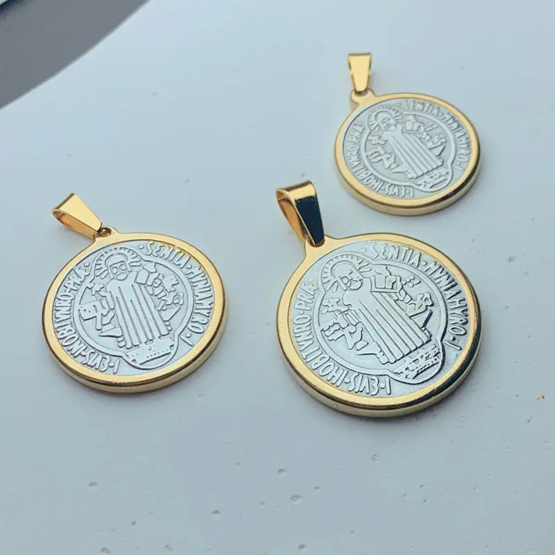 Religious Round Metal Medal Stainless Steel Jesus Cross Saint Benedict Pendants Charms For Jewelry Making Necklace Accessories