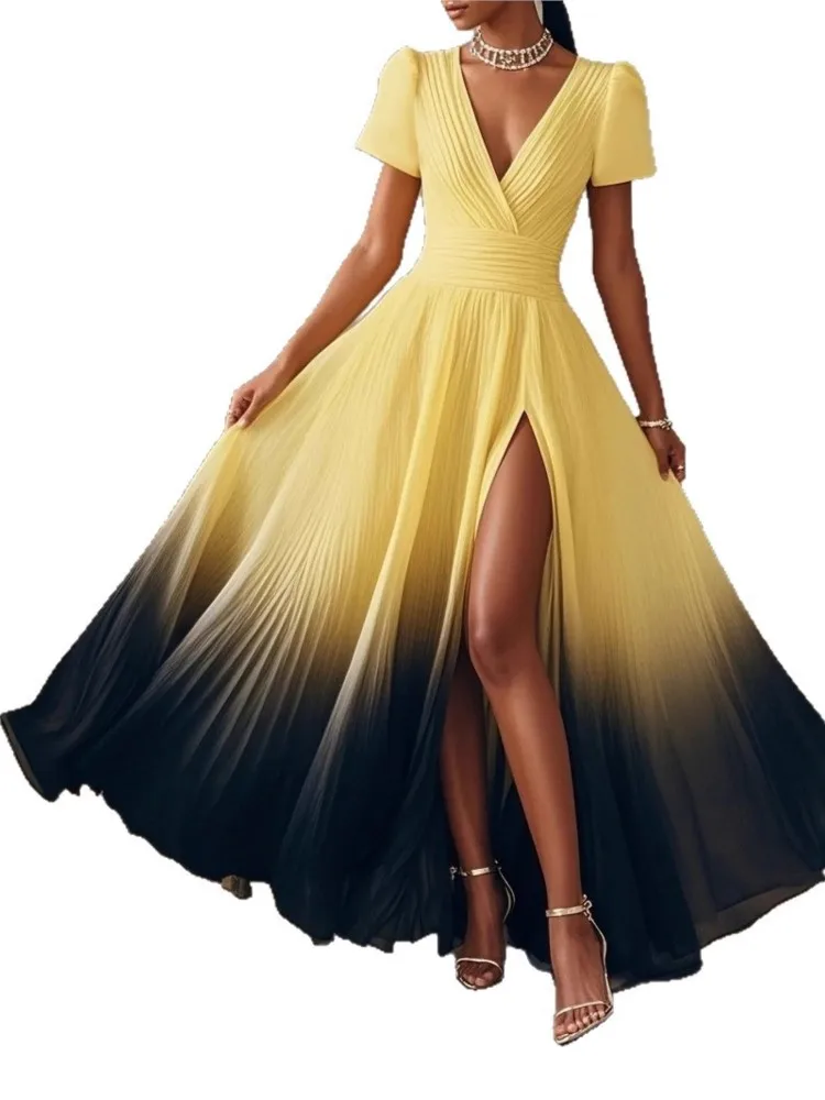 

Temperament Evening Dress Vestido Dresses 2025 Woman Elegant French Slim V-link Slit Contrast Gradient Banquet Tighten The Waist