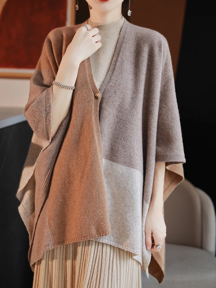 

Women Wool Shawl Sweater Cardigan Loose Color block Cashmere Spring Autumn 100% Merino Wool Knitted Batwing Sleeve Clothing Tops