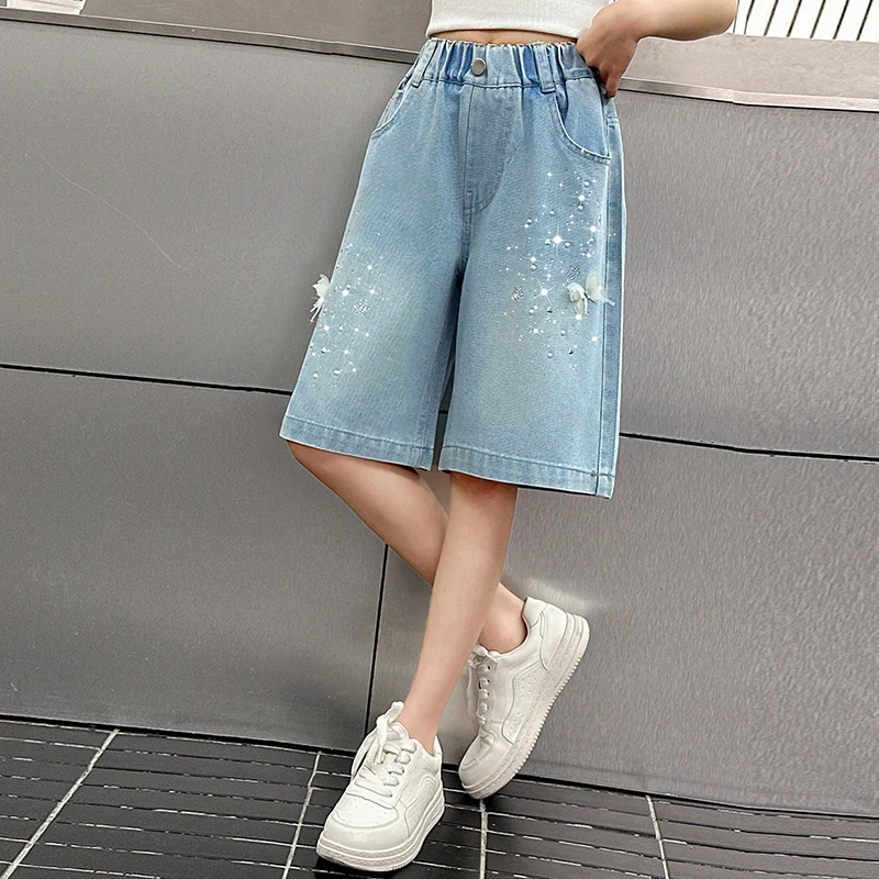 

New 2026 Summer Children's Hot Diamond Jeans Girls' Sticky Butterfly Sports Knee Shorts Boys' Cowboy Wide Leg Shorts