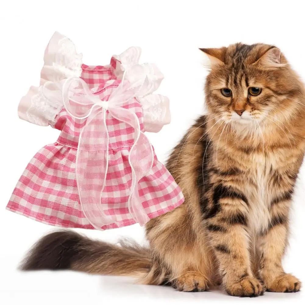 Cat Princess Dress Lace Stitching Square Collar Ruffle Sleeves Plaid Printing Pet Dog Cat Bowknot Skirt Daily Wear