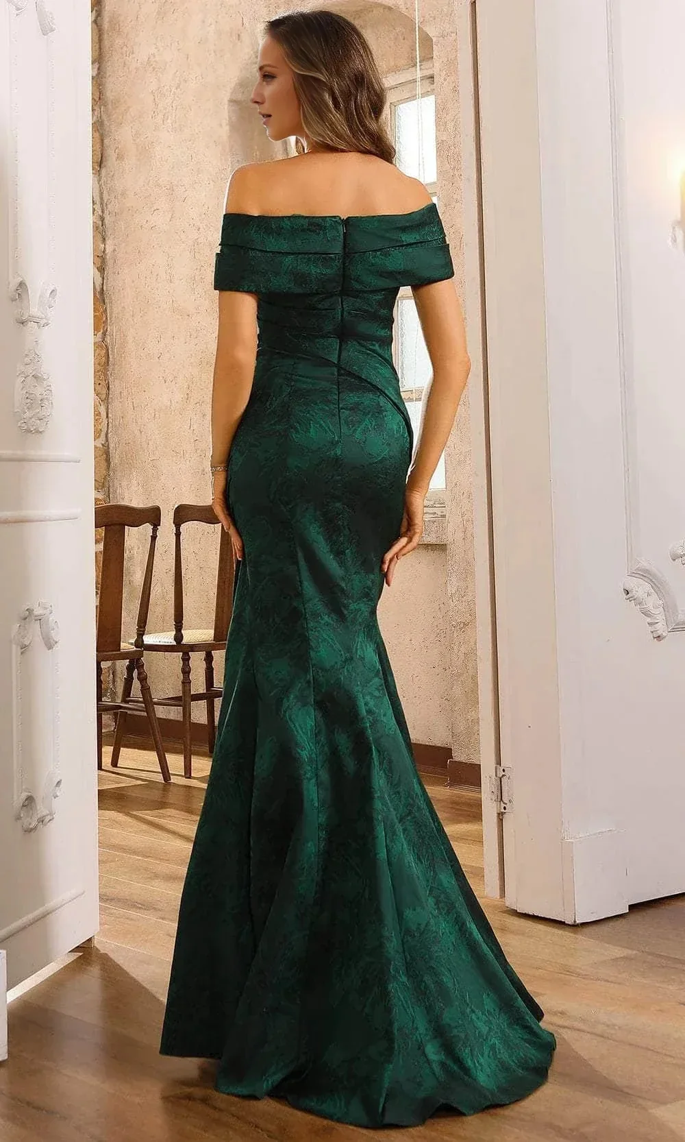 

Dark Green Satin Jacquard Off Shoulder Gown, Ruched Waist Mermaid Dress, Bridesmaid Formal Evening Party Dress