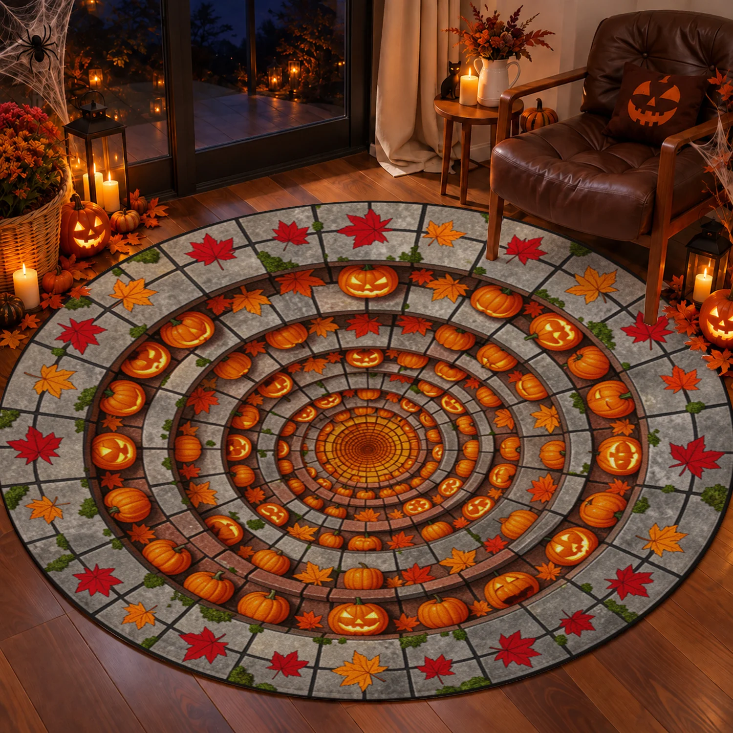 Circular Autumn Pumpkin Maple Leaf Rug Velvet Machine Washable for Living Room Bedroom Entryway Dining Room Halloween Thanksgiving Christmas New Year