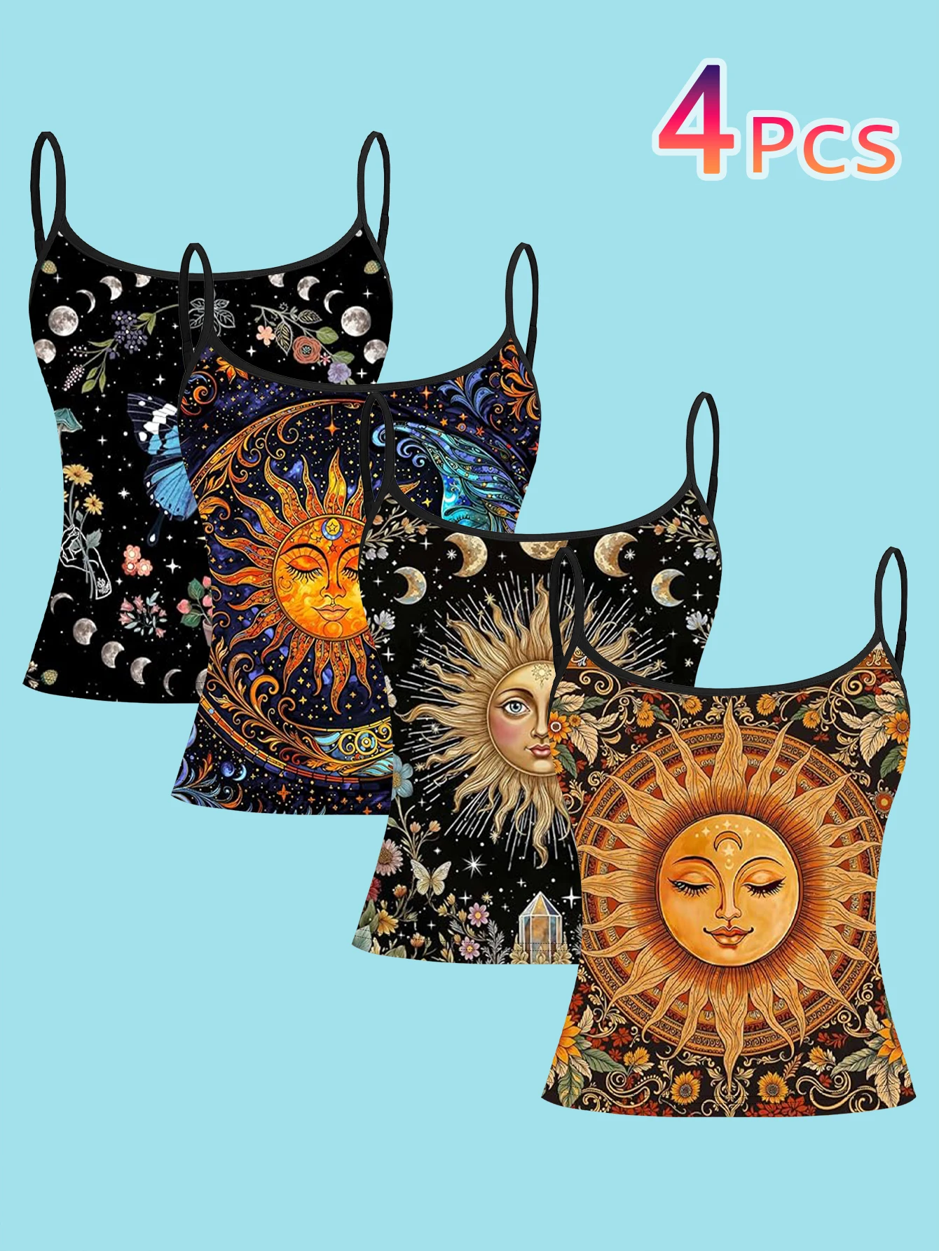 4-Piece Set of Women's Spaghetti Strap Camisoles, Vintage Sun and Moon Phase Butterfly Floral Print Slim Fit Sleeveless Tops, Hippie Style Outerwear and Inner Layering Shirts
