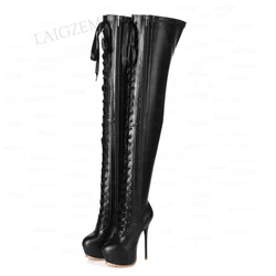 BERZIMER Women Thigh High Boots Full Zip Up Platform Thin High Heels Over Knee Boots Faux Leather Shoes Woman Big Size 41 46 52